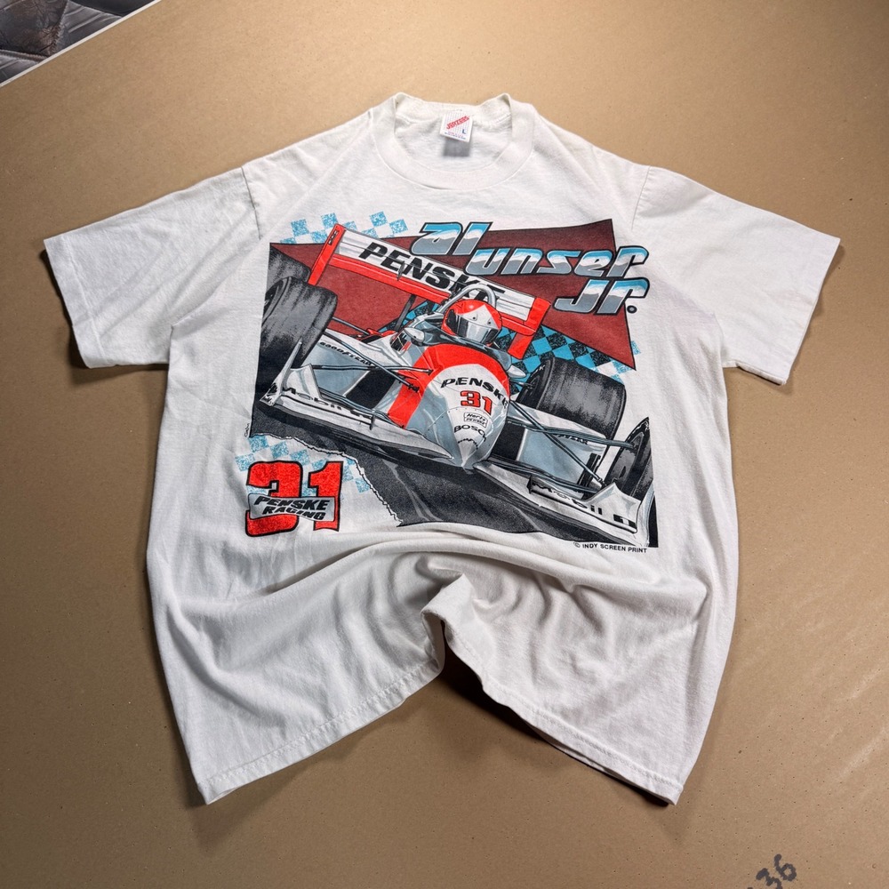 1990s Jerzees Al Unser Jr Penske Racing T-Shirt L White Excellent Indy Car 90s